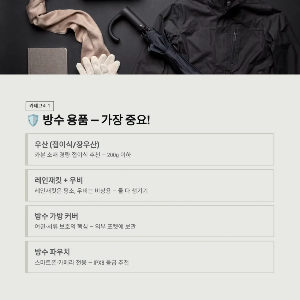 비 오는 날 방수 용품 — 가장 중요