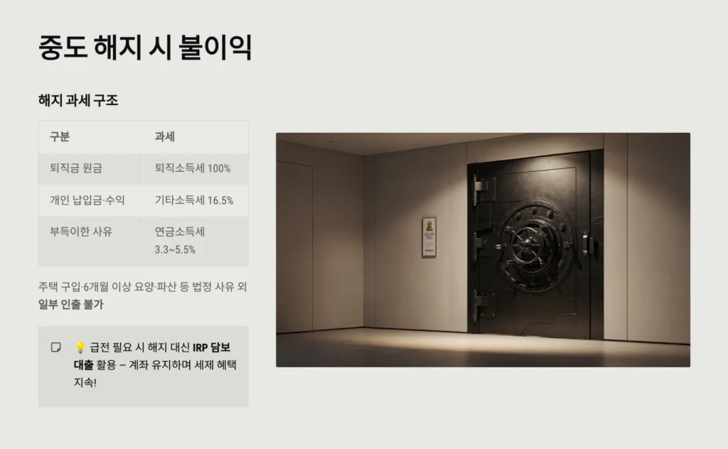 퇴직연금 IRP 완벽 활용법: 세액공제 혜택부터 노후 준비까지 4 중도 해지 시 불이익